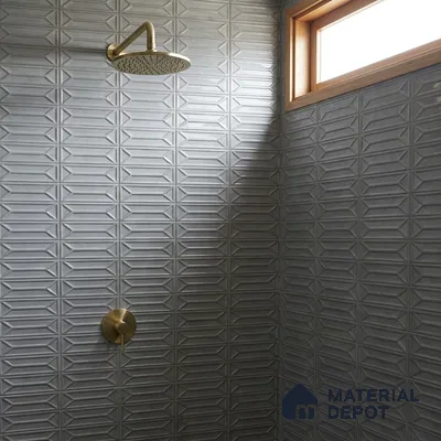 Modern Bathroom with Charcoal Grey 3D Geometric Shower Tile and Brass Fixtures