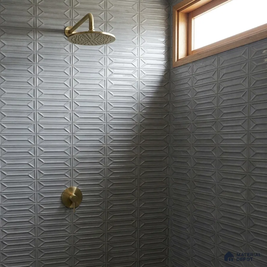 Modern Bathroom with Charcoal Grey 3D Geometric Shower Tile and Brass Fixtures