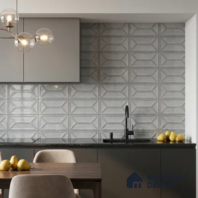 Modern Kitchen with Grey 3D Geometric Backsplash Tile and Black Countertop