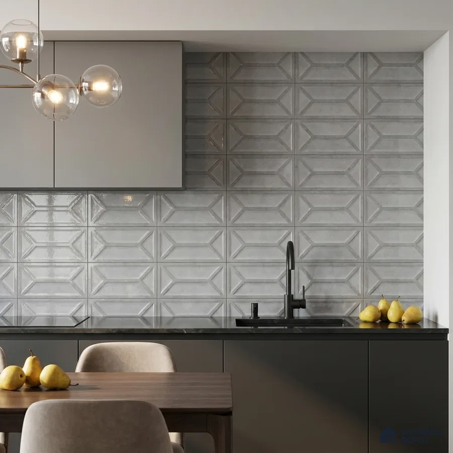 Modern Kitchen with Grey 3D Geometric Backsplash Tile and Black Countertop