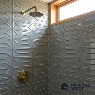 Modern Bathroom with Blue Grey 3D Geometric Shower Tile and Brass Fixtures