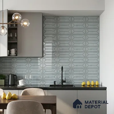 Modern Kitchen with Blue Grey 3D Geometric Backsplash Tile and Black Countertop