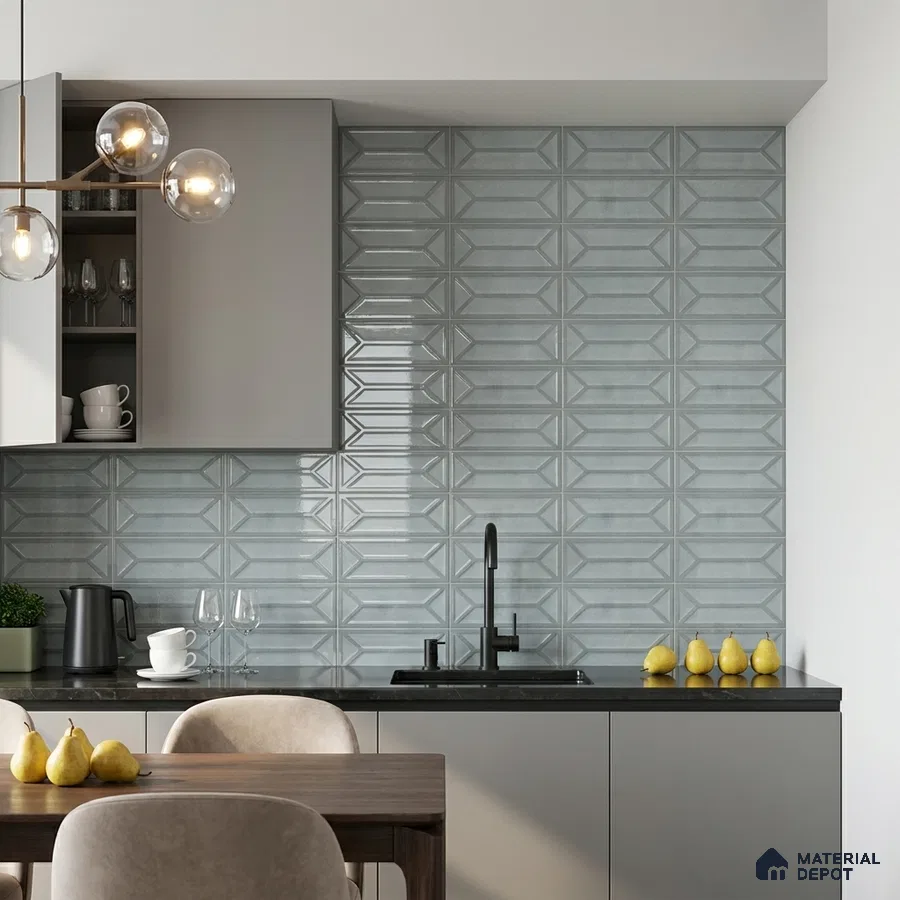 Modern Kitchen with Blue Grey 3D Geometric Backsplash Tile and Black Countertop
