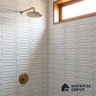Modern Bathroom with White 3D Geometric Shower Tile and Brass Fixtures