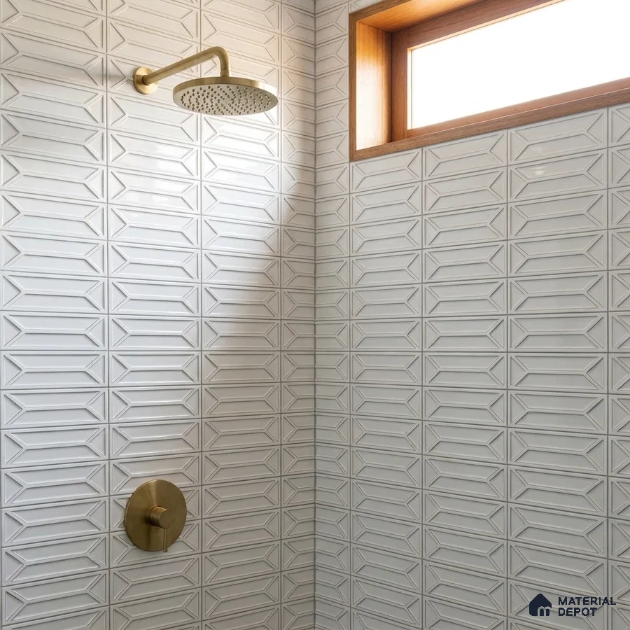 Modern Bathroom with White 3D Geometric Shower Tile and Brass Fixtures