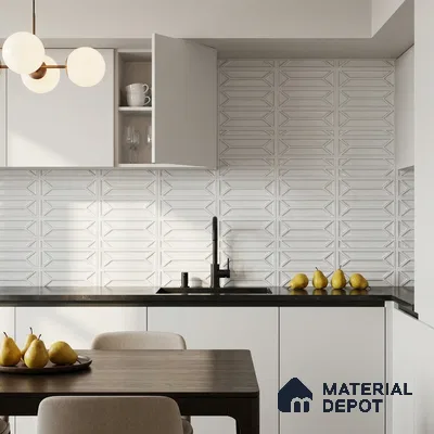 Modern Kitchen with White 3D Geometric Backsplash Tile and Black Countertop