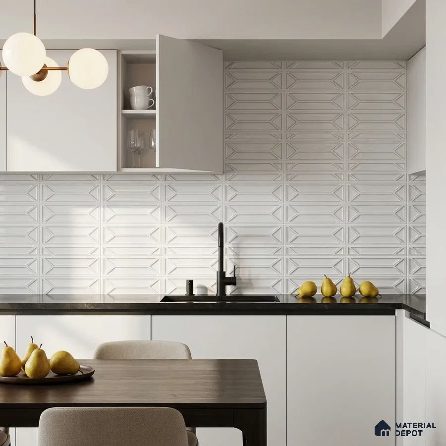 Modern Kitchen with White 3D Geometric Backsplash Tile and Black Countertop