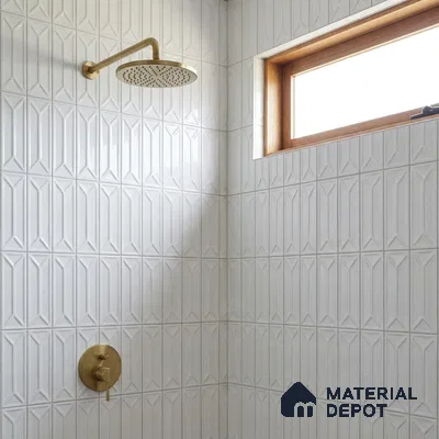Modern Bathroom with Milky White 3D Geometric Shower Tile and Brass Fixtures