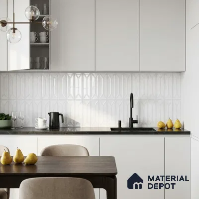Modern Kitchen with Milky White 3D Geometric Backsplash Tile and Black Countertop
