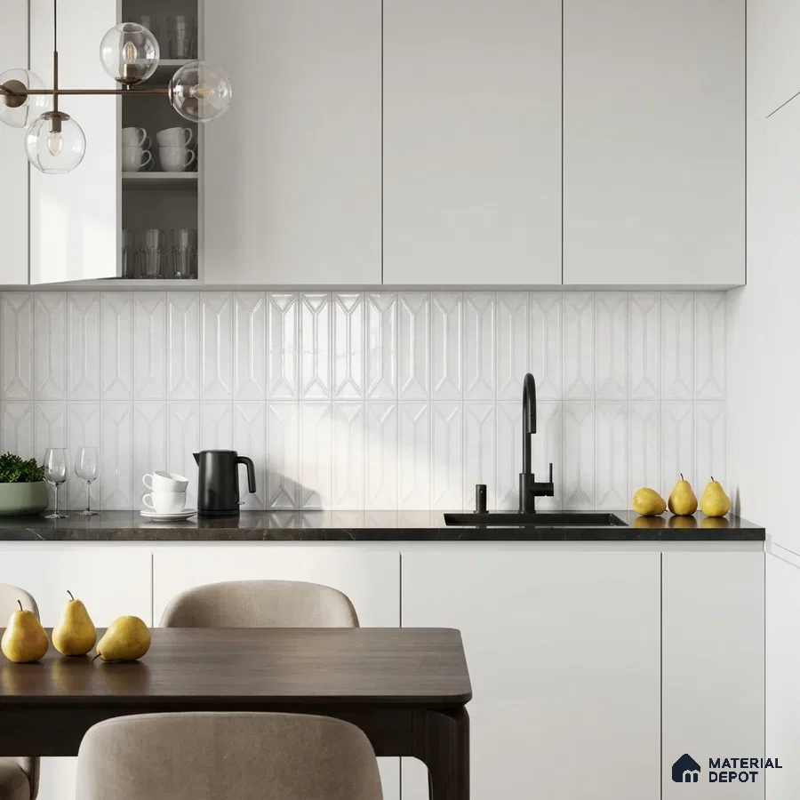 Modern Kitchen with Milky White 3D Geometric Backsplash Tile and Black Countertop