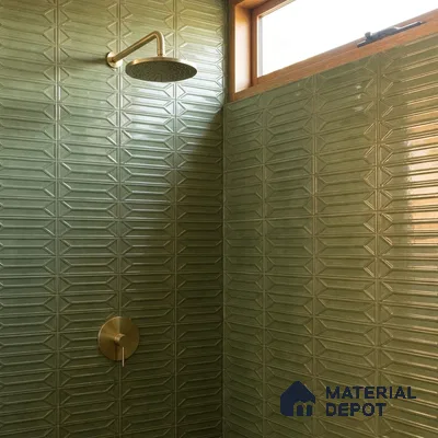 Modern Bathroom with Olive Green 3D Geometric Shower Tile and Brass Fixtures
