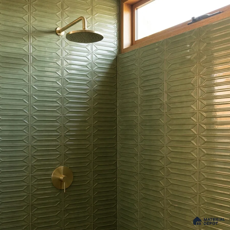 Modern Bathroom with Olive Green 3D Geometric Shower Tile and Brass Fixtures