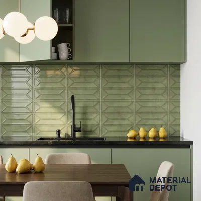 Modern Kitchen with Emerald Green Glossy Geometric Backsplash Tile and Sage Cabinets