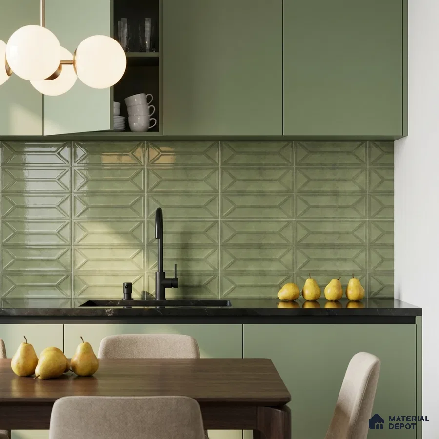 Modern Kitchen with Emerald Green Glossy Geometric Backsplash Tile and Sage Cabinets