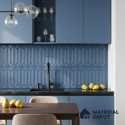 Modern Kitchen with Blue Glossy Geometric Backsplash Tile and Navy Cabinets