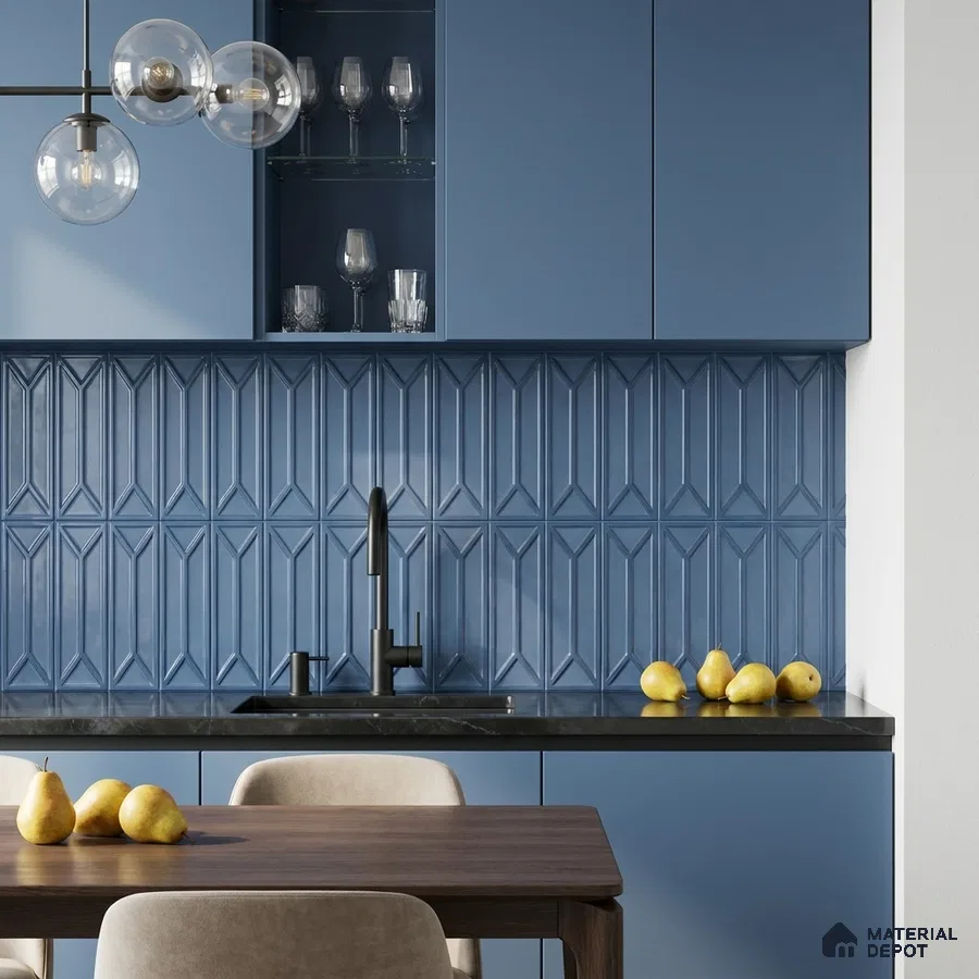 Modern Kitchen with Blue Glossy Geometric Backsplash Tile and Navy Cabinets
