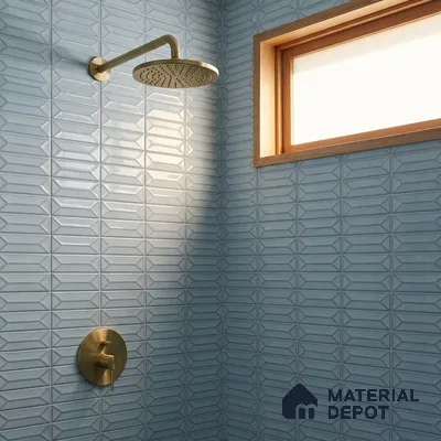 Modern Bathroom with Dusty Blue Glossy Picket Tile and Brass Fixtures