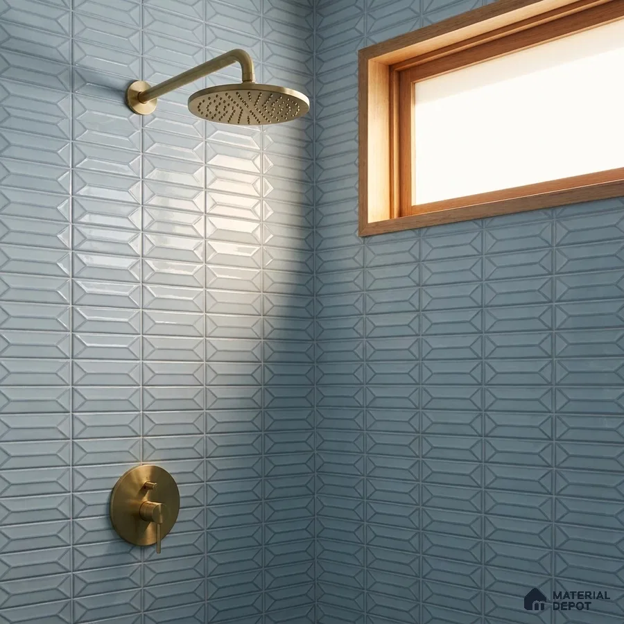 Modern Bathroom with Dusty Blue Glossy Picket Tile and Brass Fixtures