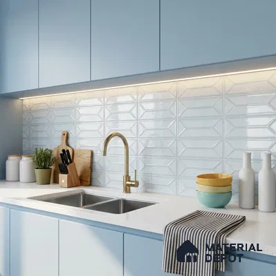 Modern Kitchen with White Glossy Picket Backsplash Tile and Powder Blue Cabinets