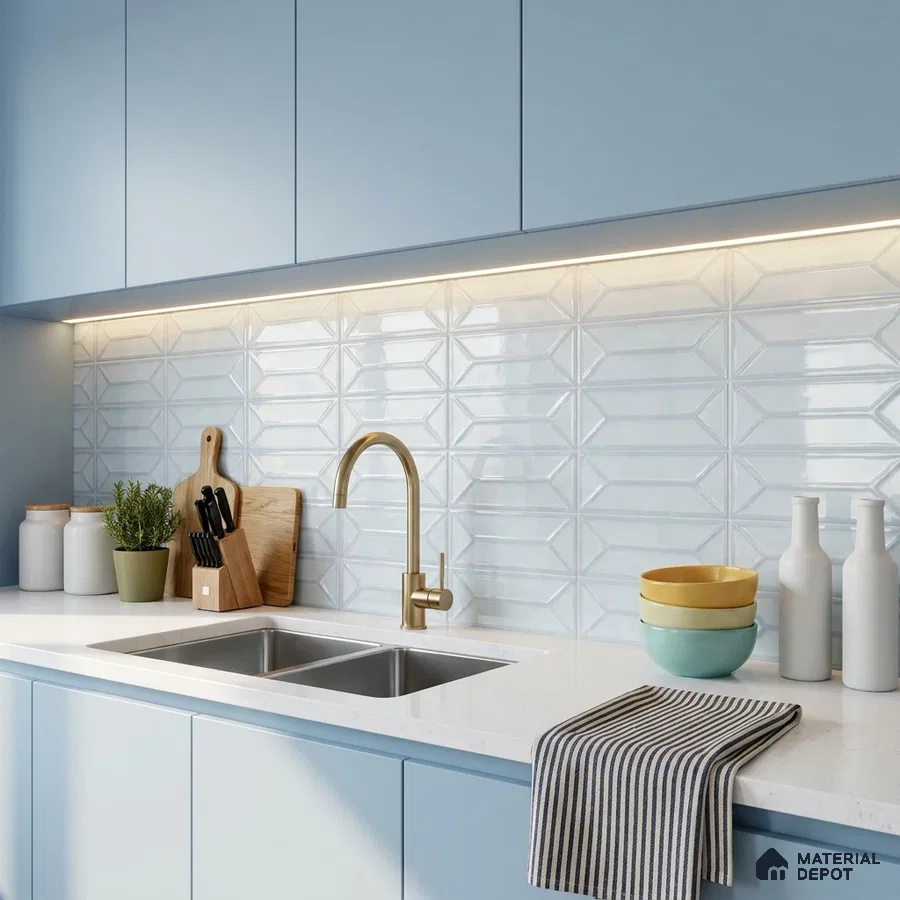 Modern Kitchen with White Glossy Picket Backsplash Tile and Powder Blue Cabinets