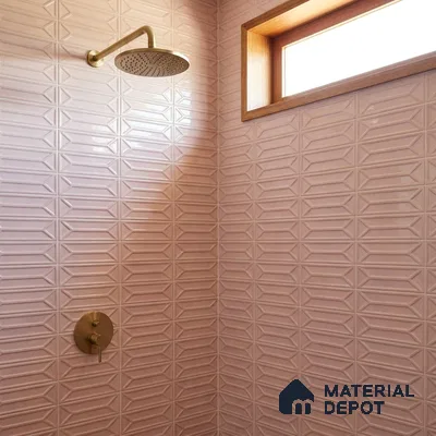 Modern Bathroom with Dusty Pink Glossy Picket Tile and Brass Fixtures