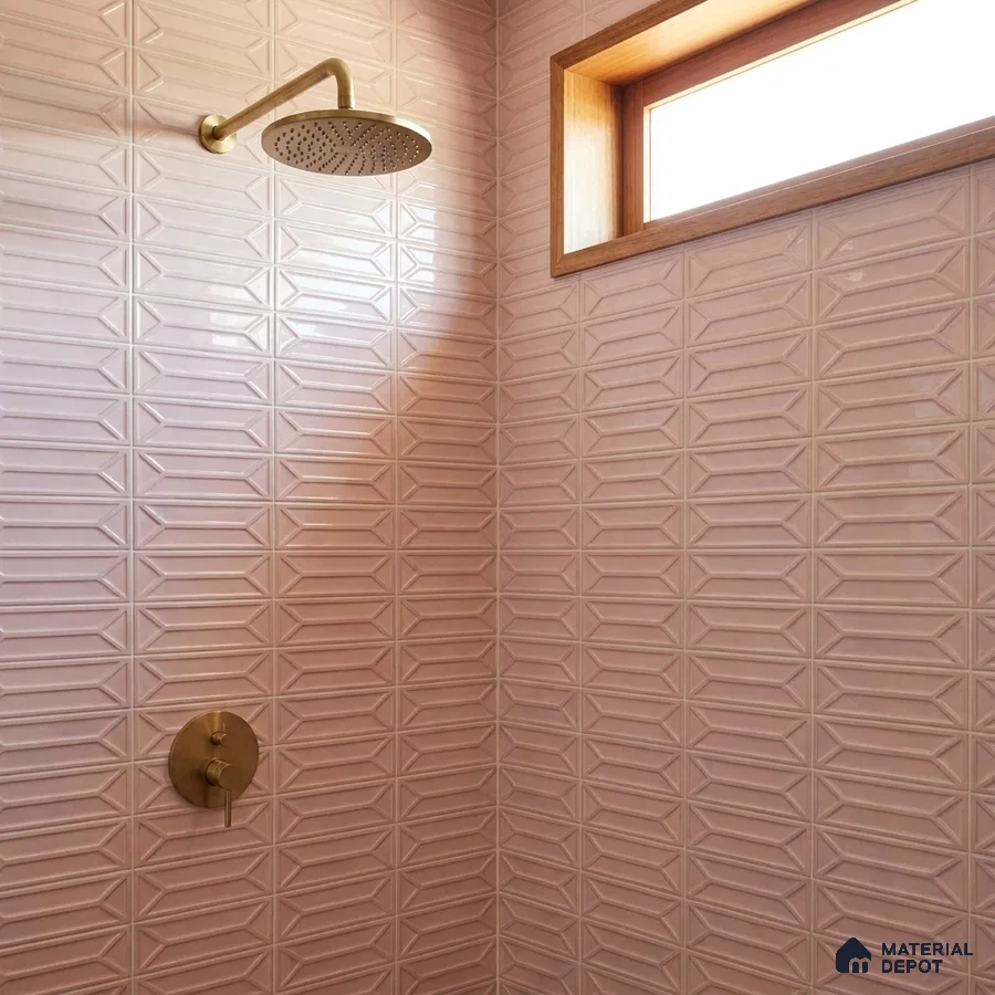 Modern Bathroom with Dusty Pink Glossy Picket Tile and Brass Fixtures