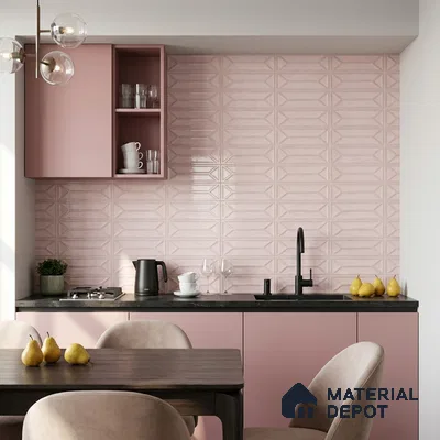 Modern Kitchen with Blush Pink Glossy Geometric Backsplash Tile and Pink Cabinets