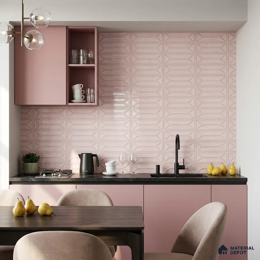 Modern Kitchen with Blush Pink Glossy Geometric Backsplash Tile and Pink Cabinets