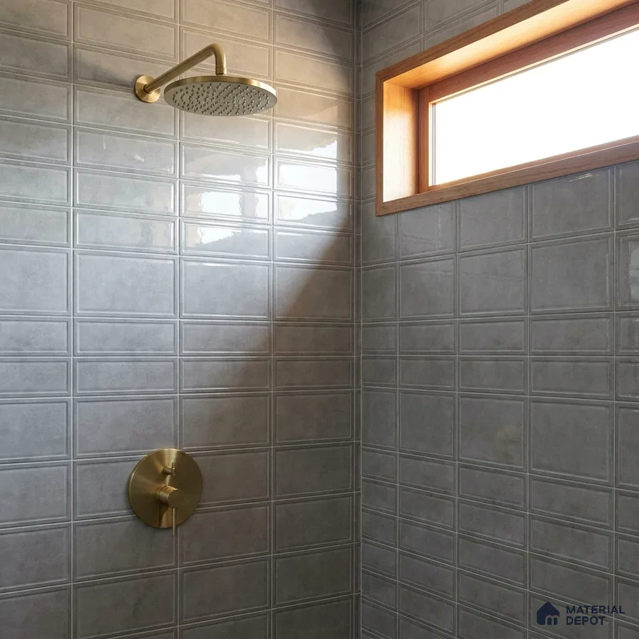 Modern Bathroom with Grey Glossy Framed Square Tile and Brass Fixtures