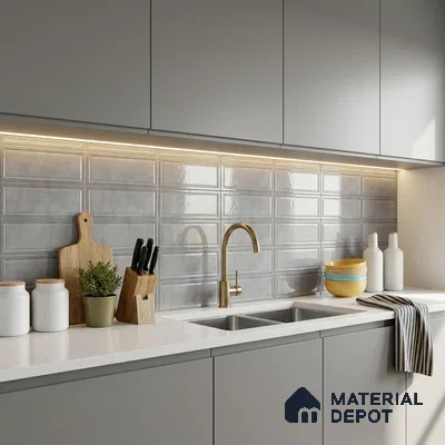 Modern Kitchen with Grey Glossy Framed Square Backsplash Tile and Grey Cabinets