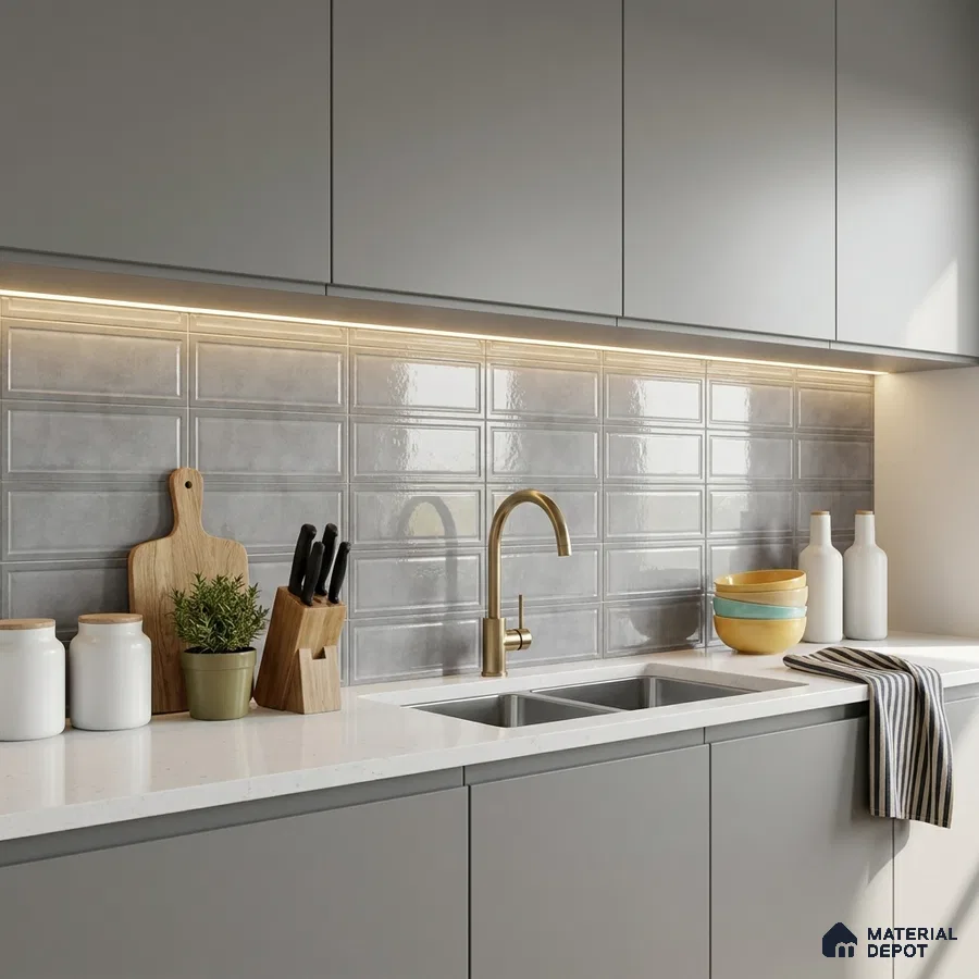 Modern Kitchen with Grey Glossy Framed Square Backsplash Tile and Grey Cabinets