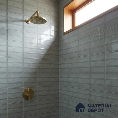 Modern Bathroom with Grey Blue Glossy Stacked Tile and Brass Fixtures