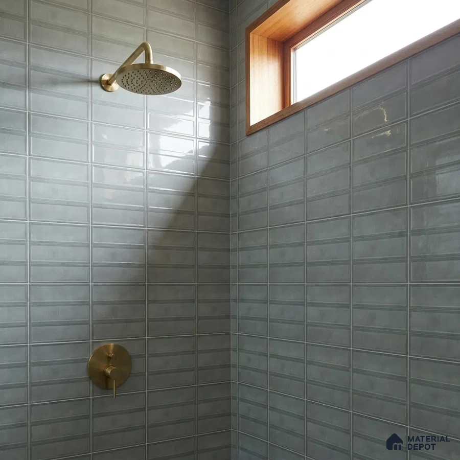 Modern Bathroom with Grey Blue Glossy Stacked Tile and Brass Fixtures