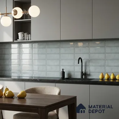 Modern Kitchen with Grey Blue Glossy Stacked Backsplash Tile and Grey Cabinets