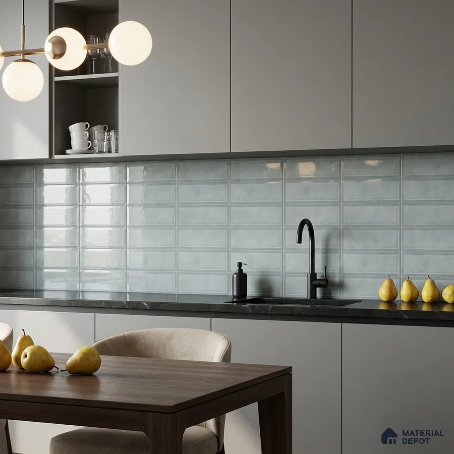Modern Kitchen with Grey Blue Glossy Stacked Backsplash Tile and Grey Cabinets