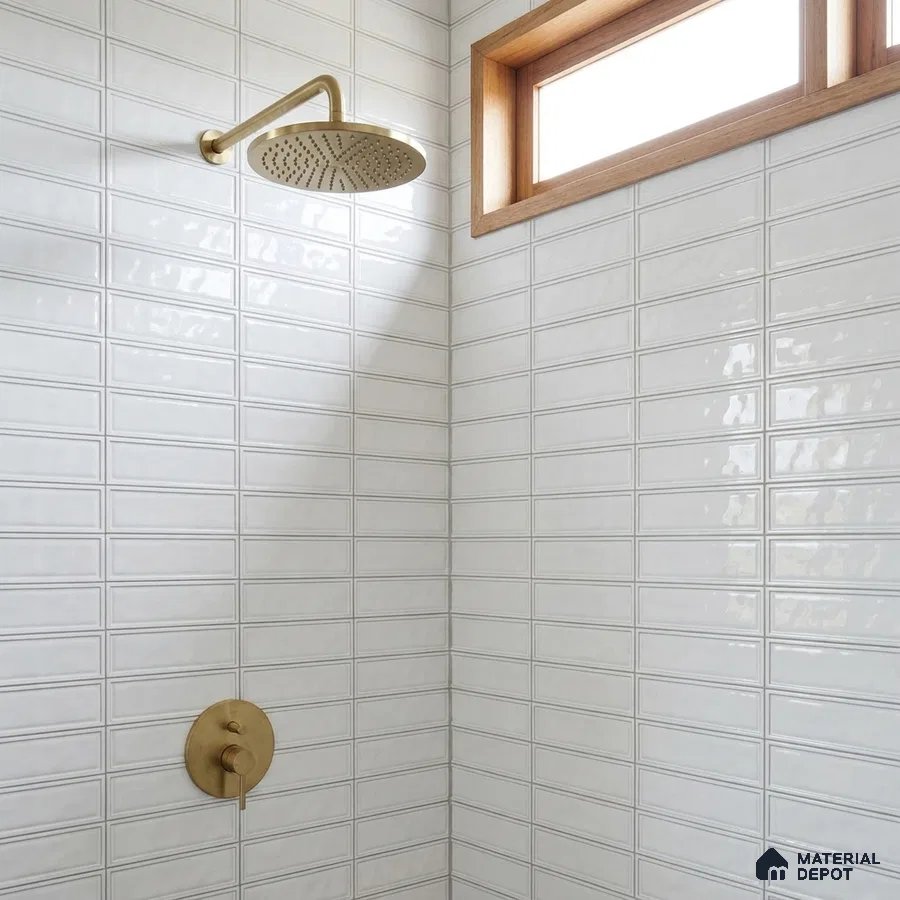 Modern Bathroom with White Glossy Framed Rectangle Tile and Brass Fixtures