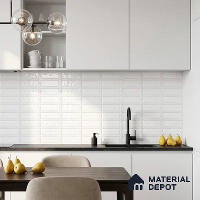 Modern Kitchen with White Glossy Framed Rectangle Backsplash Tile and White Cabinets