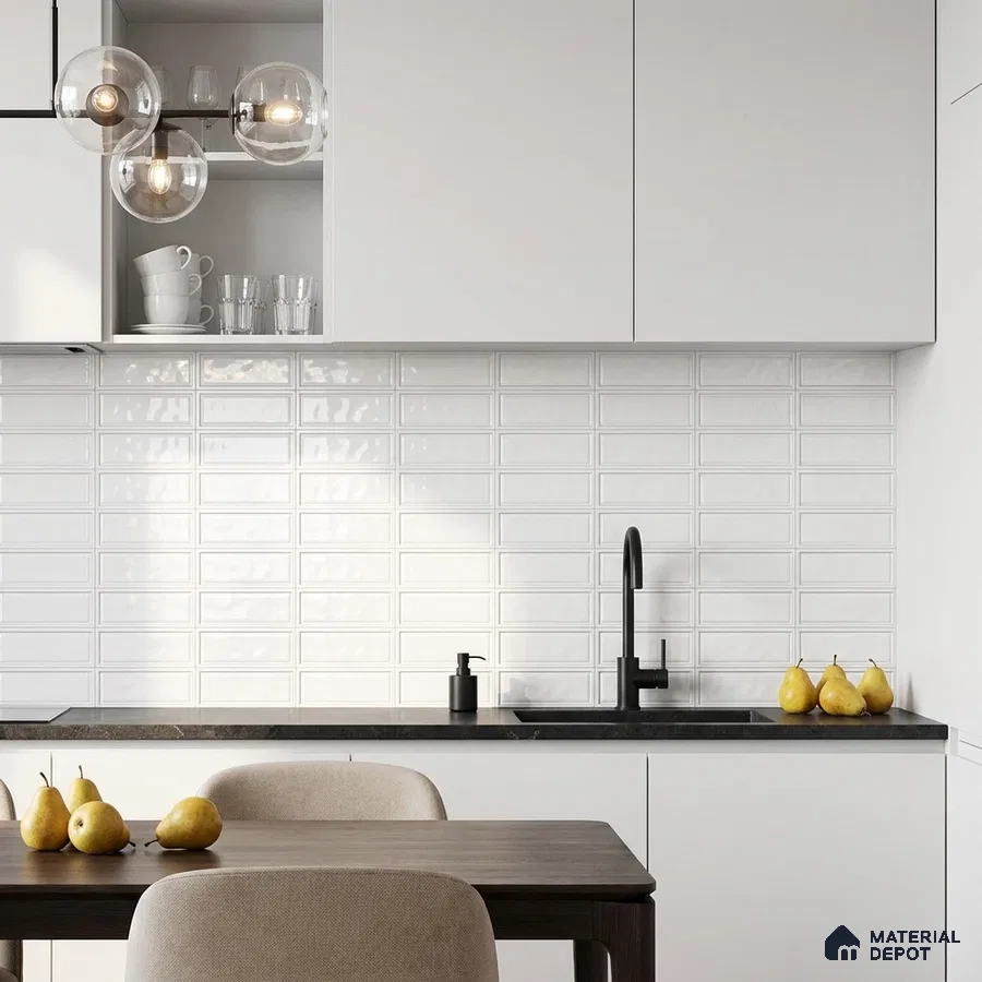 Modern Kitchen with White Glossy Framed Rectangle Backsplash Tile and White Cabinets