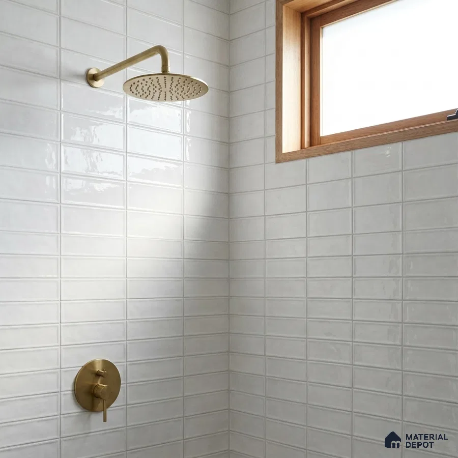 Modern Bathroom with Frosty White Glossy Stacked Tile and Brass Fixtures