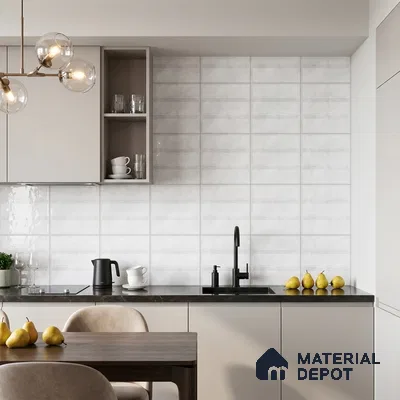 Modern Kitchen with Frosty White Glossy Plank Backsplash Tile and Cream Cabinets