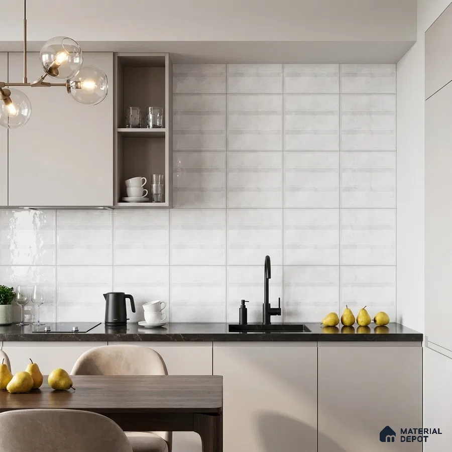 Modern Kitchen with Frosty White Glossy Plank Backsplash Tile and Cream Cabinets