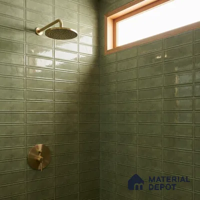 Modern Bathroom with Olive Green Glossy Framed Rectangle Tile and Brass Fixtures