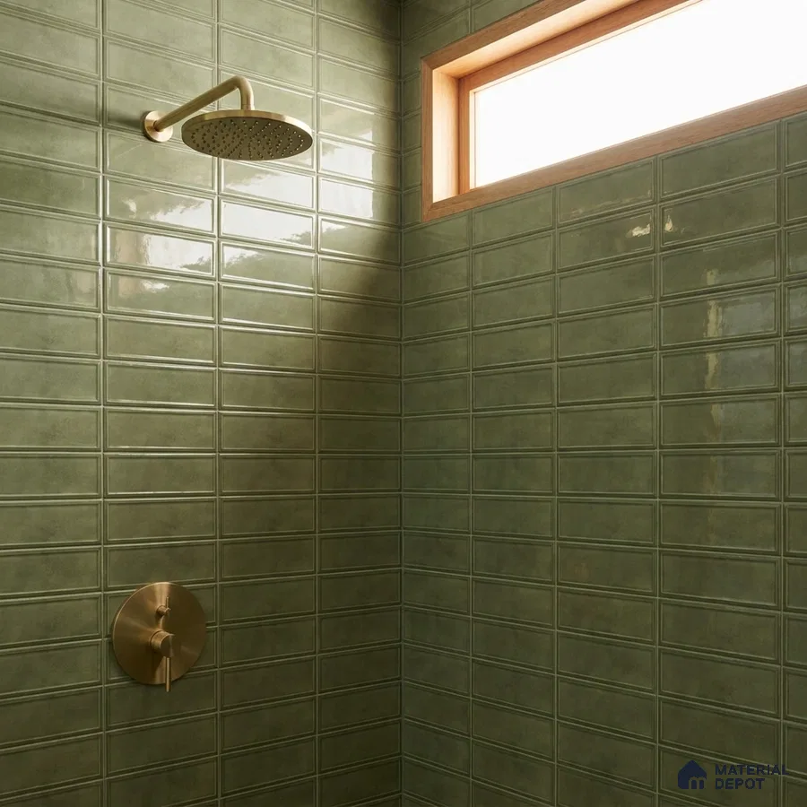 Modern Bathroom with Olive Green Glossy Framed Rectangle Tile and Brass Fixtures