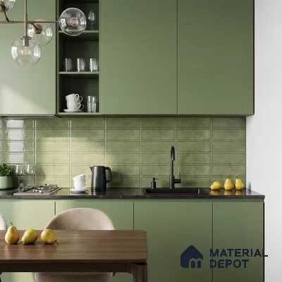Modern Kitchen with Olive Green Glossy Stacked Backsplash Tile and Green Cabinets