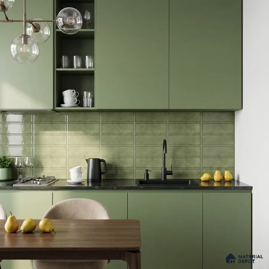 Modern Kitchen with Olive Green Glossy Stacked Backsplash Tile and Green Cabinets
