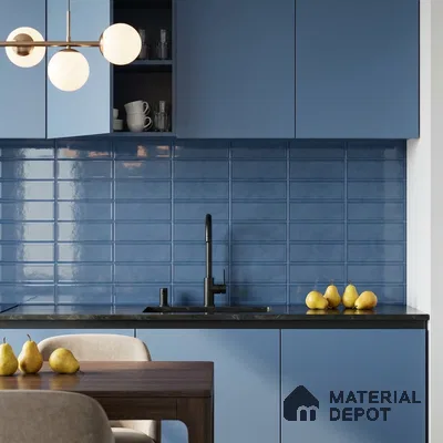 Modern Kitchen with Blue Glossy Stacked Backsplash Tile and Denim Cabinets