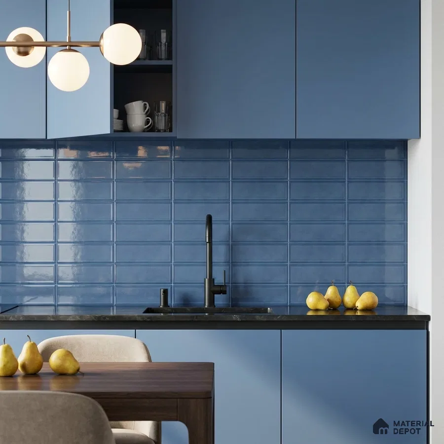 Modern Kitchen with Blue Glossy Stacked Backsplash Tile and Denim Cabinets
