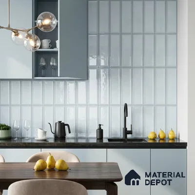 Modern Kitchen with Powder Blue Glossy Framed Rectangle Backsplash Tile and Light Blue Cabinets