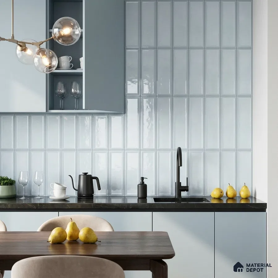 Modern Kitchen with Powder Blue Glossy Framed Rectangle Backsplash Tile and Light Blue Cabinets