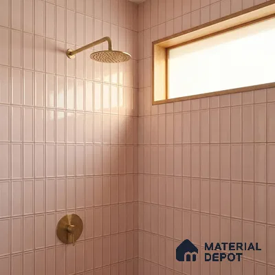 Modern Bathroom with Blush Pink Glossy Stacked Kit-Kat Tile and Brass Fixtures